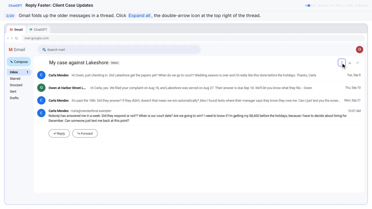 Gmail in Stepthrough’s practice copy, step 2 of 20 (Expand all messages): the cursor is on “Expand all”, highlighted.