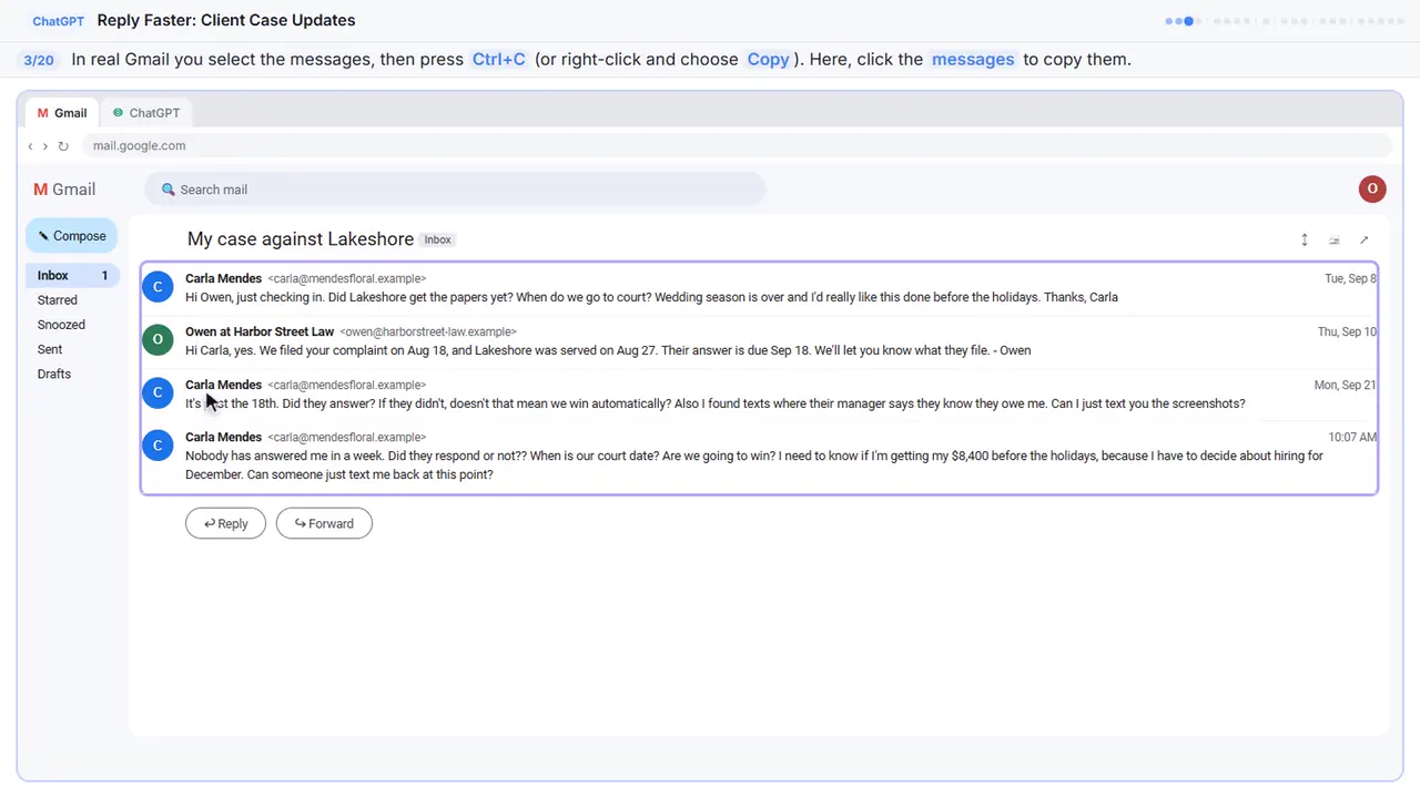 Gmail in Stepthrough’s practice copy, step 3 of 20 (Copy the thread): the cursor is on “Ctrl+C”, highlighted.