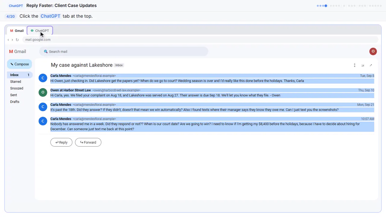 Gmail in Stepthrough’s practice copy, step 4 of 20 (Switch to ChatGPT): the cursor is on “ChatGPT”, highlighted.