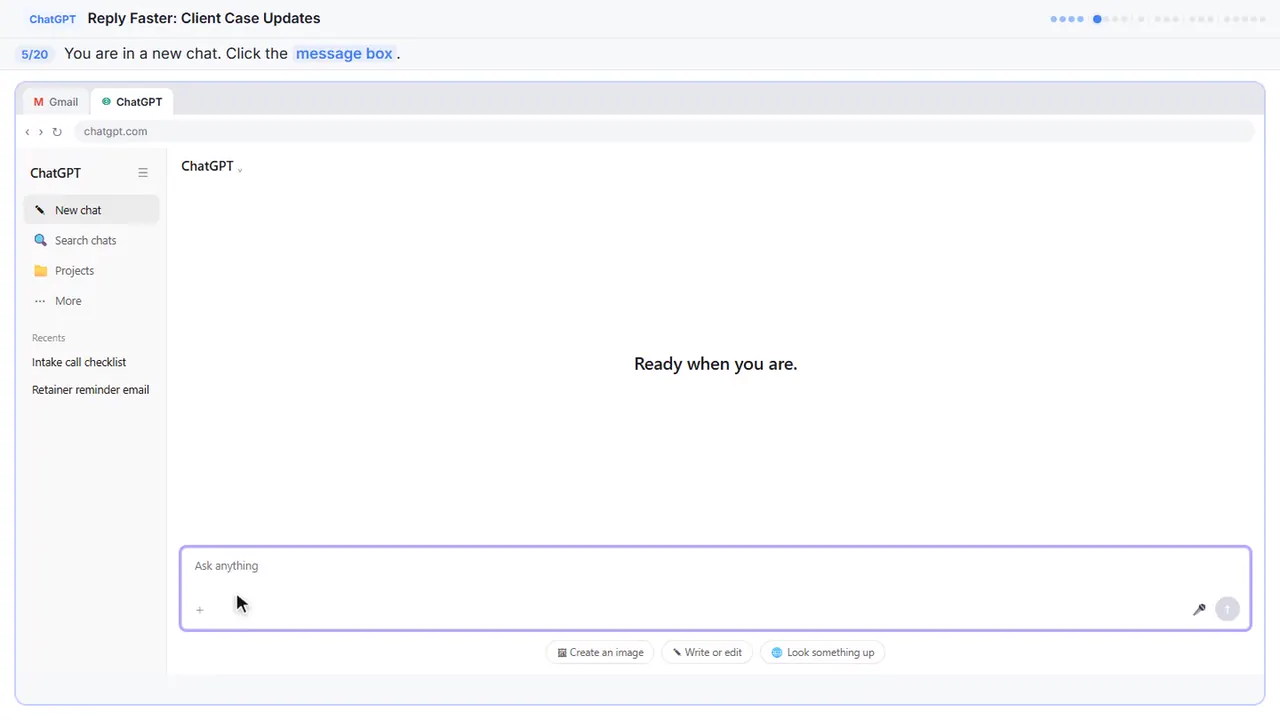 ChatGPT in Stepthrough’s practice copy, step 5 of 20 (Click the message box): the cursor is on “message box”, highlighted.