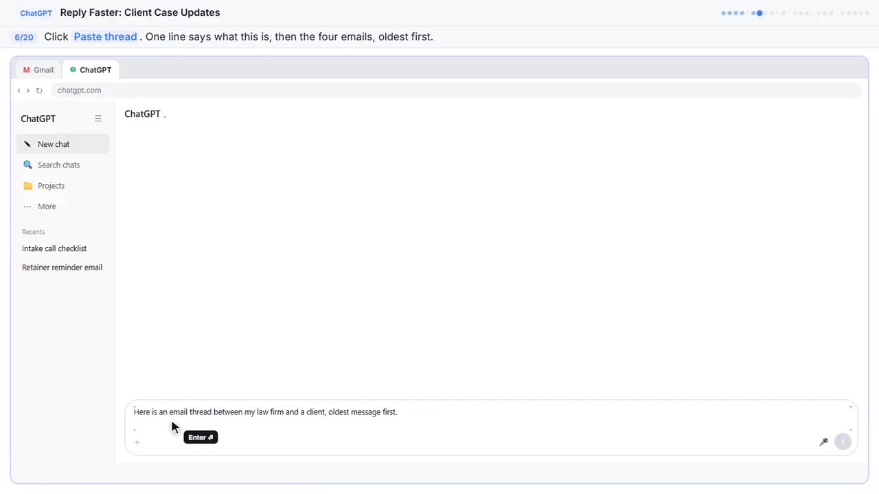 ChatGPT in Stepthrough’s practice copy, step 6 of 20 (Paste the thread): the thread is filled in (“Here is an email thread between my law firm…”).