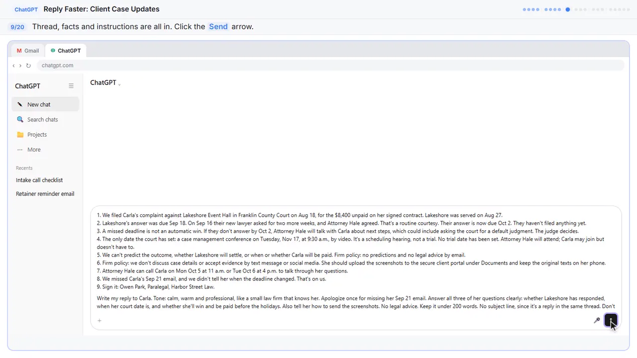 ChatGPT in Stepthrough’s practice copy, step 9 of 20 (Send it): the cursor is on “Send”, highlighted.