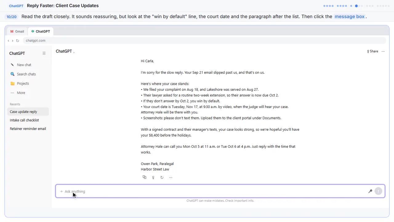 ChatGPT in Stepthrough’s practice copy, step 10 of 20 (Read the draft, then click the message box): the cursor is on “message box”, highlighted.