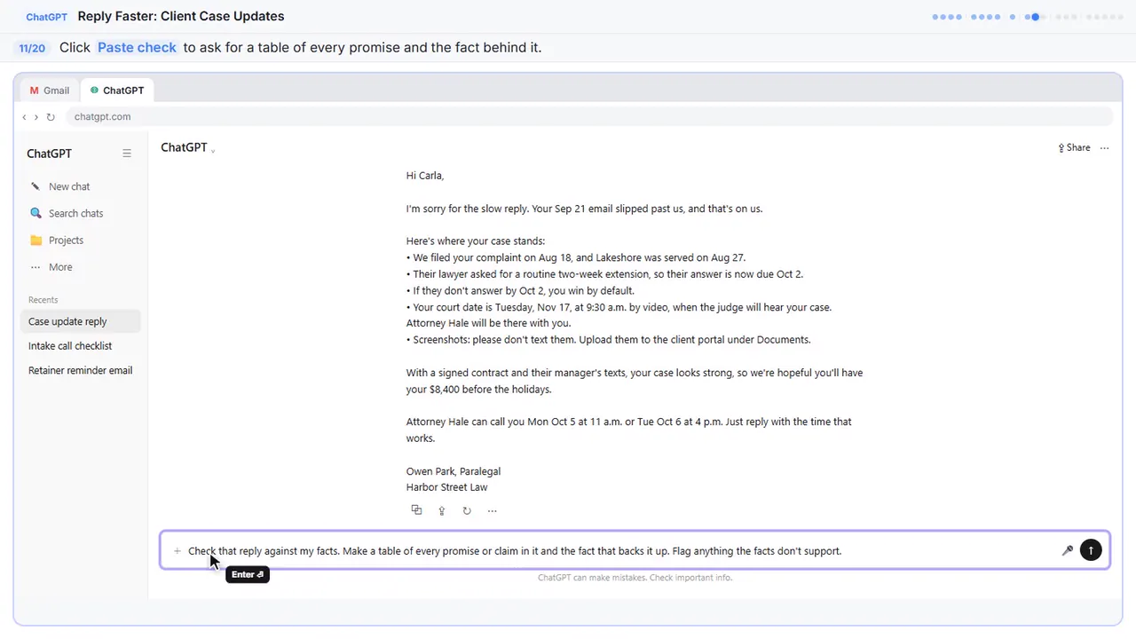 ChatGPT in Stepthrough’s practice copy, step 11 of 20 (Ask ChatGPT to check its promises): the check is filled in (“Check that reply against my facts. Make a…”).