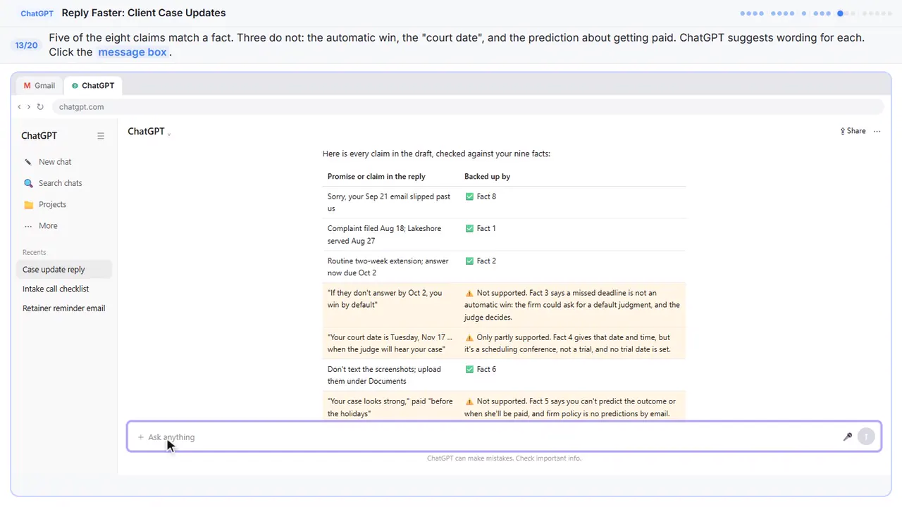ChatGPT in Stepthrough’s practice copy, step 13 of 20 (Read the table, then click the message box): the cursor is on “message box”, highlighted.