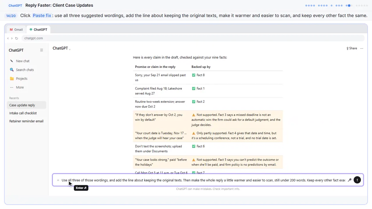 ChatGPT in Stepthrough’s practice copy, step 14 of 20 (Ask for specific changes): the fix is filled in (“Use all three of those wordings, and add the…”).