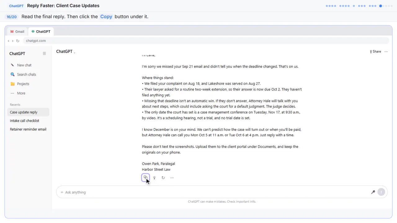 ChatGPT in Stepthrough’s practice copy, step 16 of 20 (Copy the reply): the cursor is on “Copy”, highlighted.