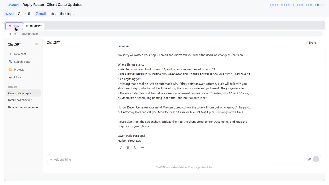 ChatGPT in Stepthrough’s practice copy, step 17 of 20 (Go back to Gmail): the cursor is on “Gmail”, highlighted.