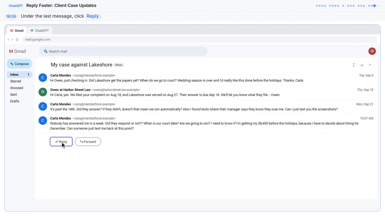 Gmail in Stepthrough’s practice copy, step 18 of 20 (Click Reply): the cursor is on “Reply”, highlighted.
