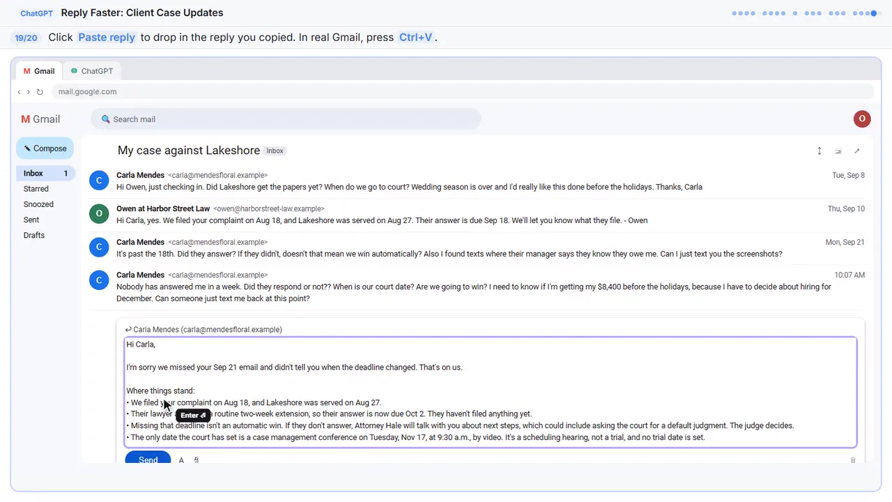 Gmail in Stepthrough’s practice copy, step 19 of 20 (Paste the reply): the reply is filled in (“Hi Carla, I'm sorry we missed your Sep 21…”).
