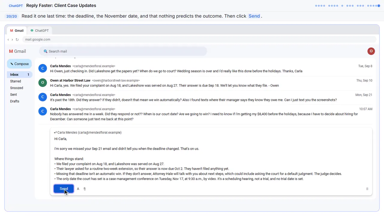 Gmail in Stepthrough’s practice copy, step 20 of 20 (Read it, then send): the cursor is on “Send”, highlighted.