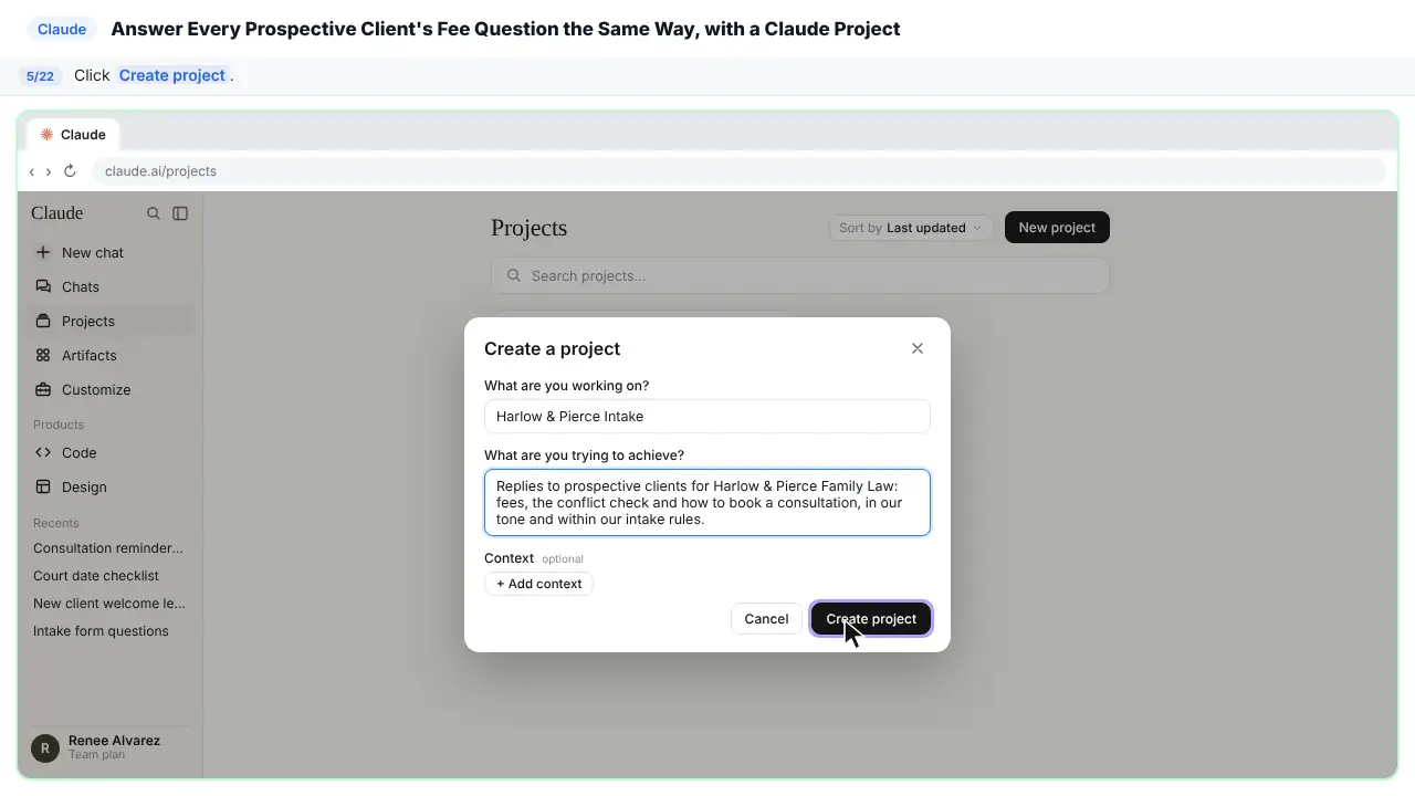 Claude in Stepthrough’s practice copy, step 5 of 22 (Create it): the cursor is on “Create project”, highlighted.