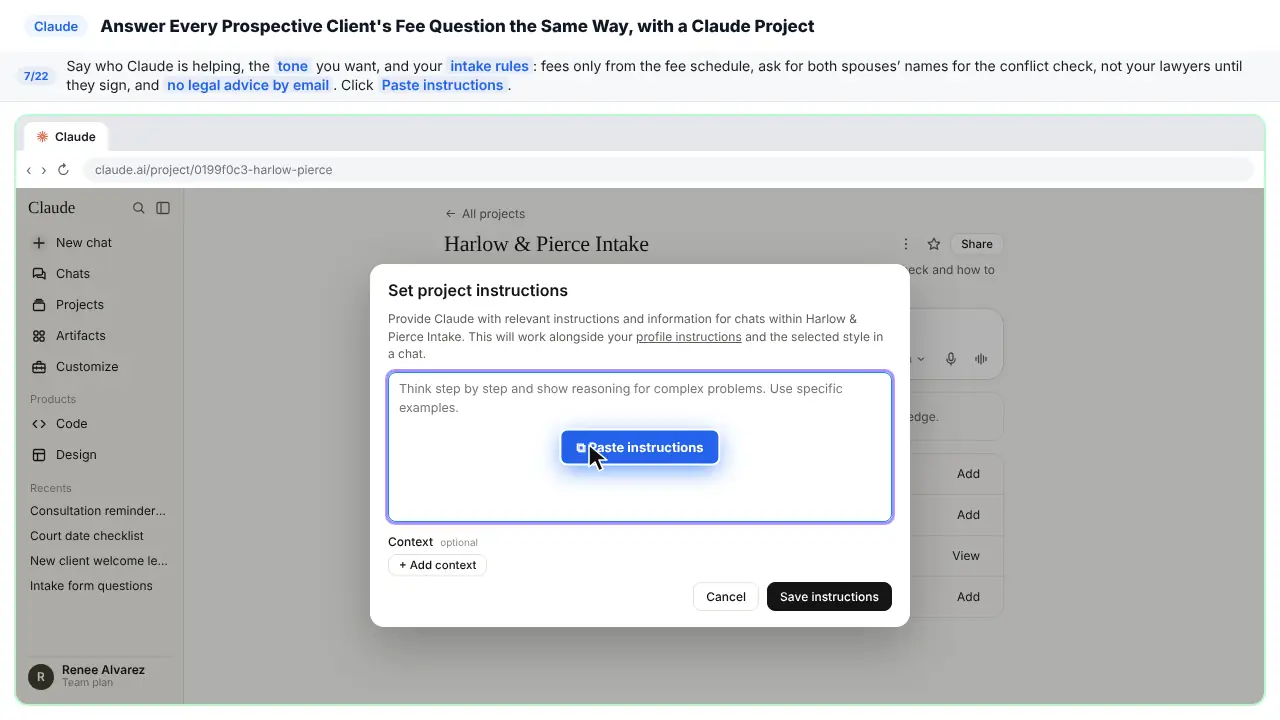 Claude in Stepthrough’s practice copy, step 7 of 22 (Write your tone and policies): the instructions is ready to paste, highlighted.