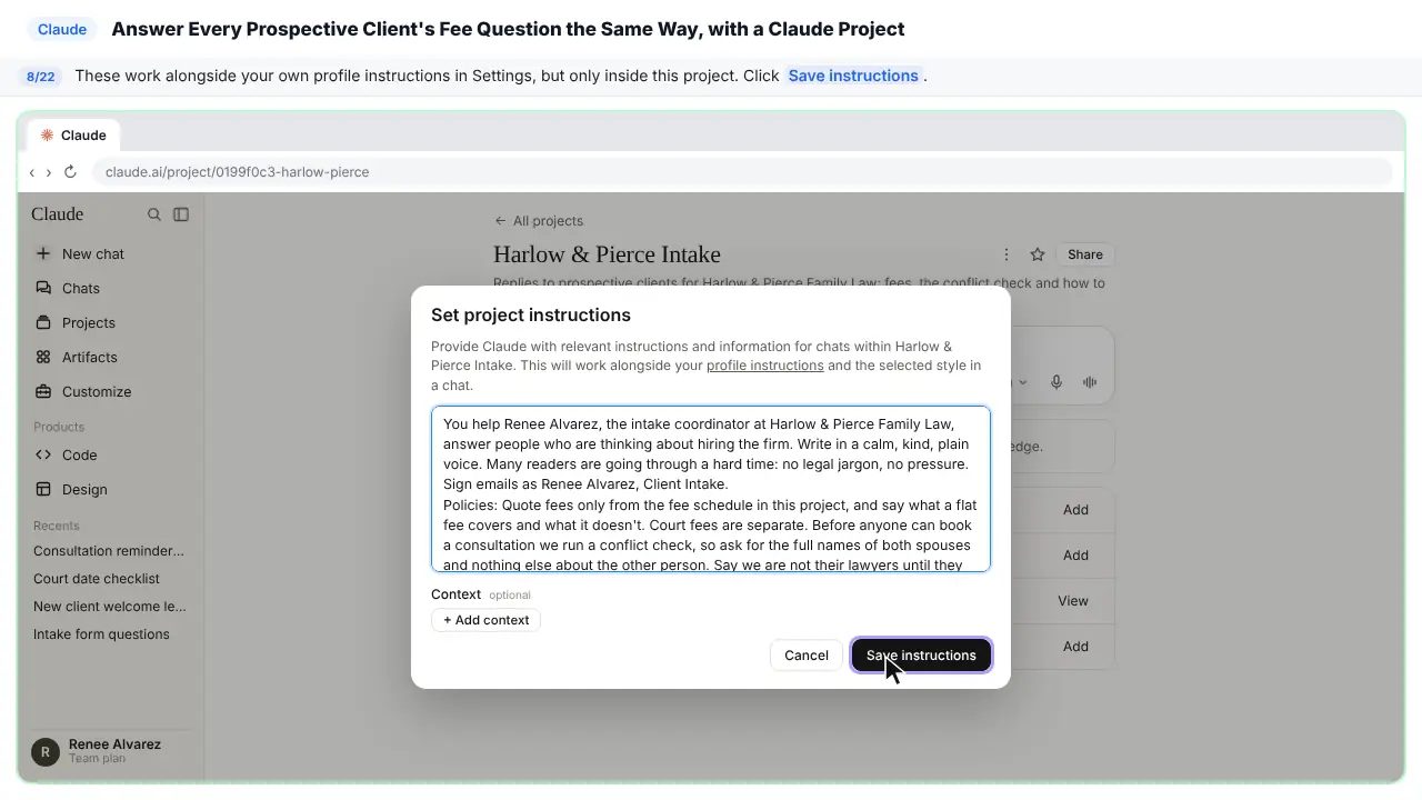 Claude in Stepthrough’s practice copy, step 8 of 22 (Save them): the cursor is on “Save instructions”, highlighted.