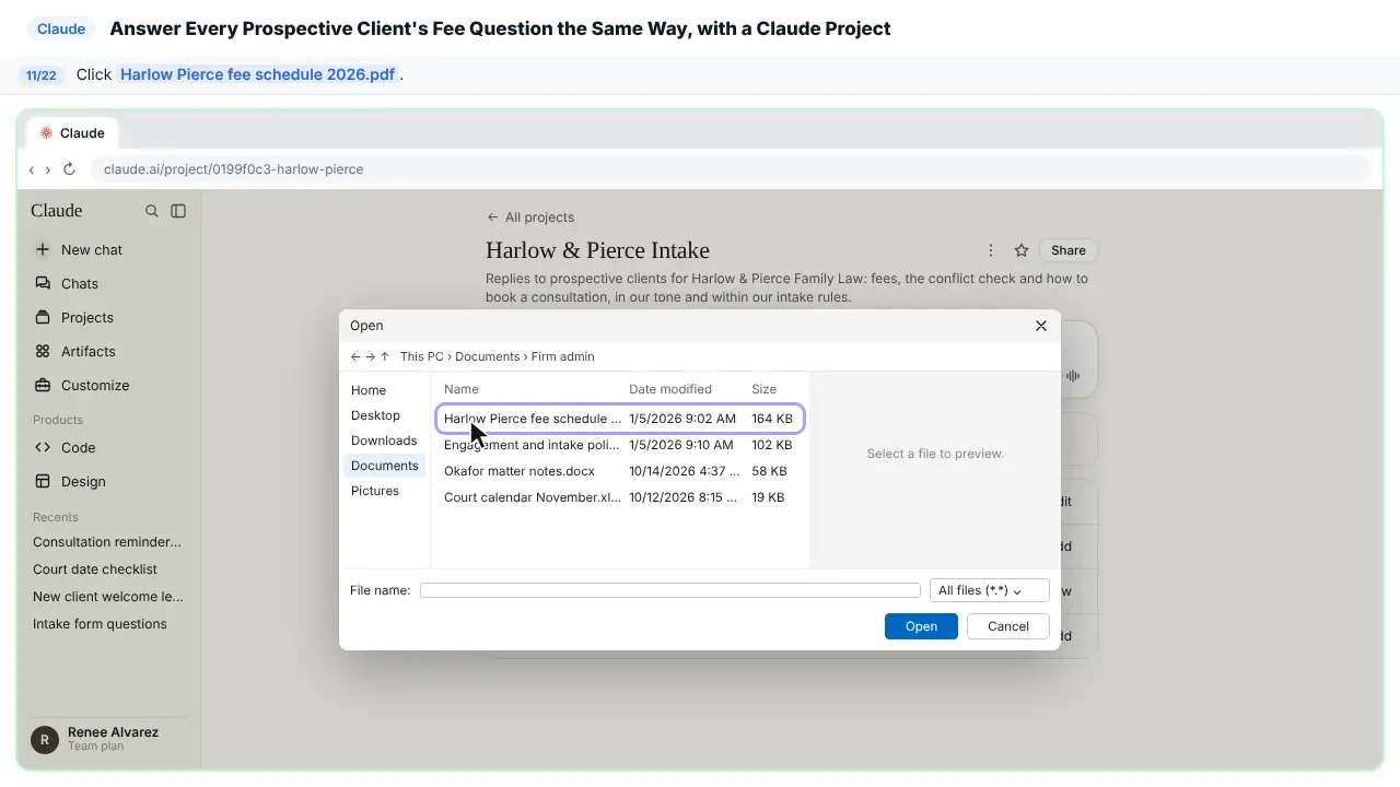Claude in Stepthrough’s practice copy, step 11 of 22 (Pick the fee schedule): the cursor is on “Harlow Pierce fee schedule 2026.pdf”, highlighted.