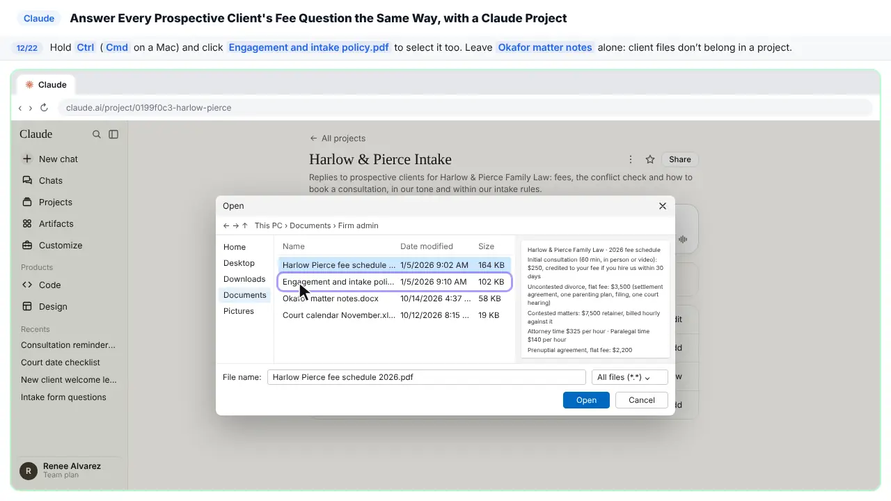 Claude in Stepthrough’s practice copy, step 12 of 22 (Add the intake policy): the cursor is on “Engagement and intake policy.pdf”, highlighted.