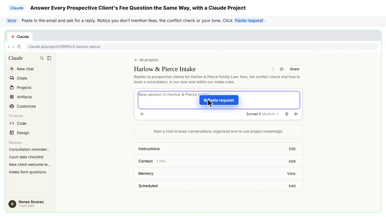 Claude in Stepthrough’s practice copy, step 15 of 22 (Paste a prospective client’s email): the request is ready to paste, highlighted.