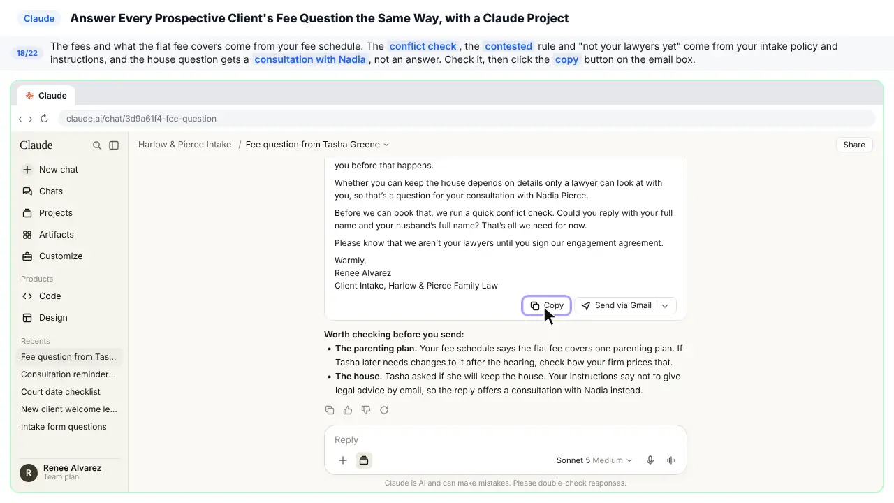 Claude in Stepthrough’s practice copy, step 18 of 22 (Check the reply and copy it): the cursor is on “copy”, highlighted.
