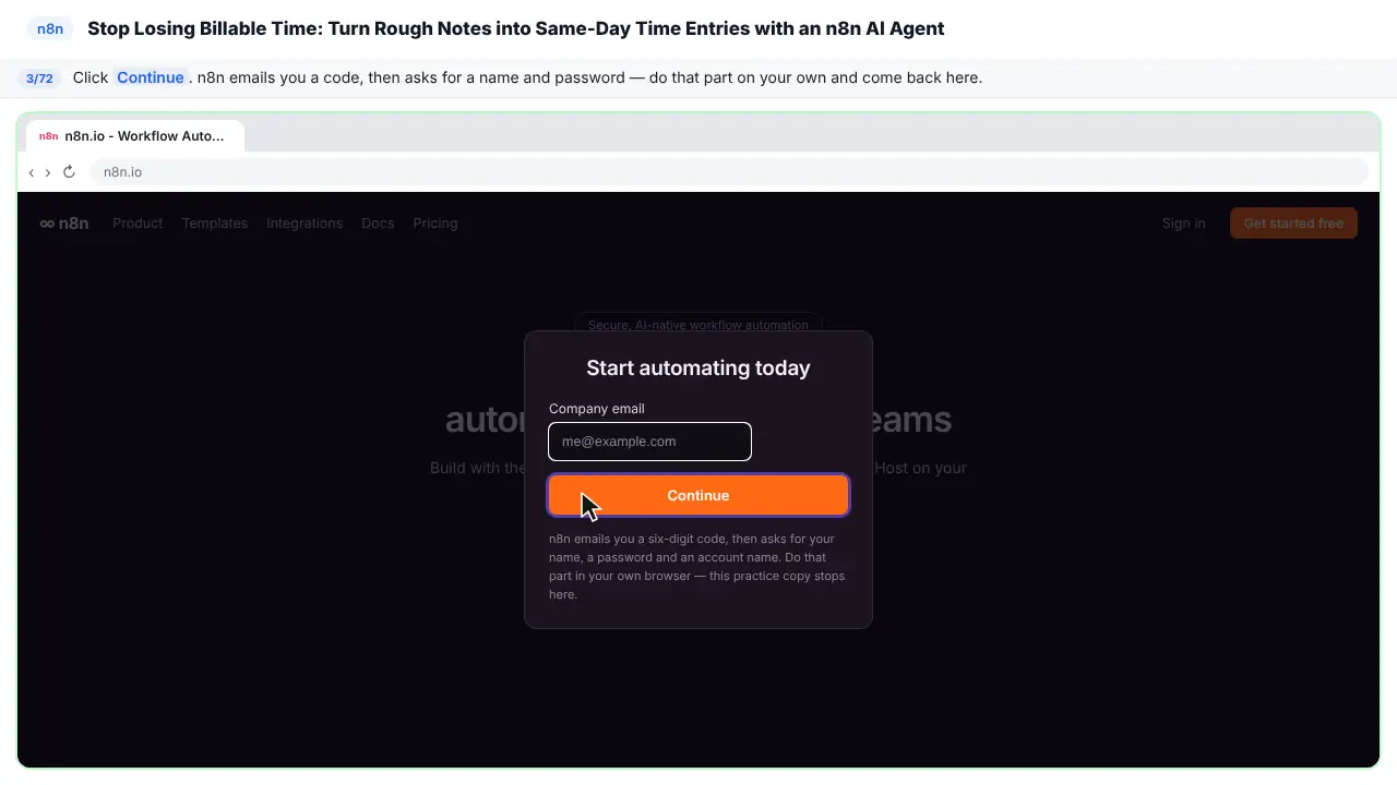 The n8n sign-up form in Stepthrough’s practice copy, step 3 of 72 (Sign up): the cursor is on “Continue”, highlighted.
