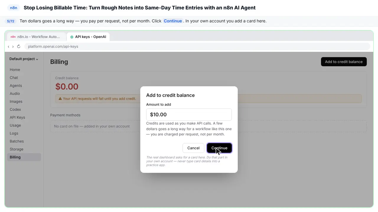 The OpenAI platform billing page in Stepthrough’s practice copy, step 5 of 72 (Ten dollars is plenty): the cursor is on “Continue”, highlighted.