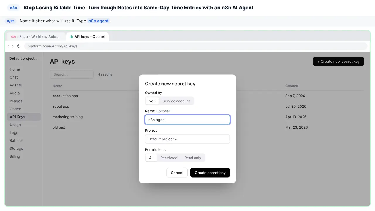 The OpenAI API keys page in Stepthrough’s practice copy, step 8 of 72 (Name the key): “n8n agent” is typed in, highlighted.