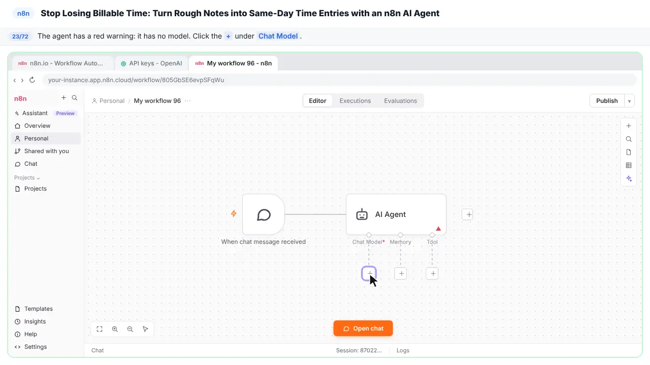 The n8n workflow canvas in Stepthrough’s practice copy, step 23 of 72 (Give the agent a brain): the cursor is on “+”, highlighted.