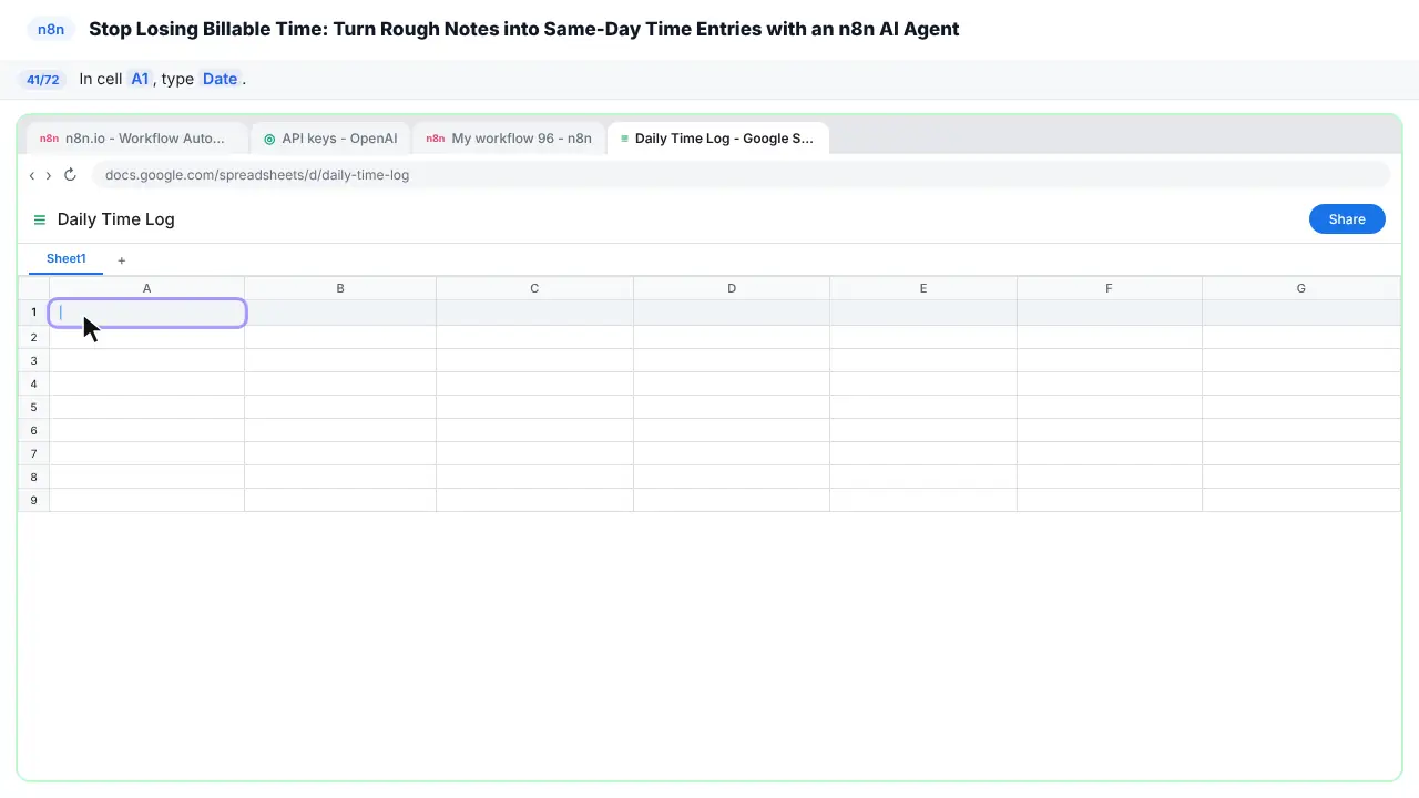 Google Sheets in Stepthrough’s practice copy, step 41 of 72 (Type the first column header): the cursor is on “A1”, highlighted.