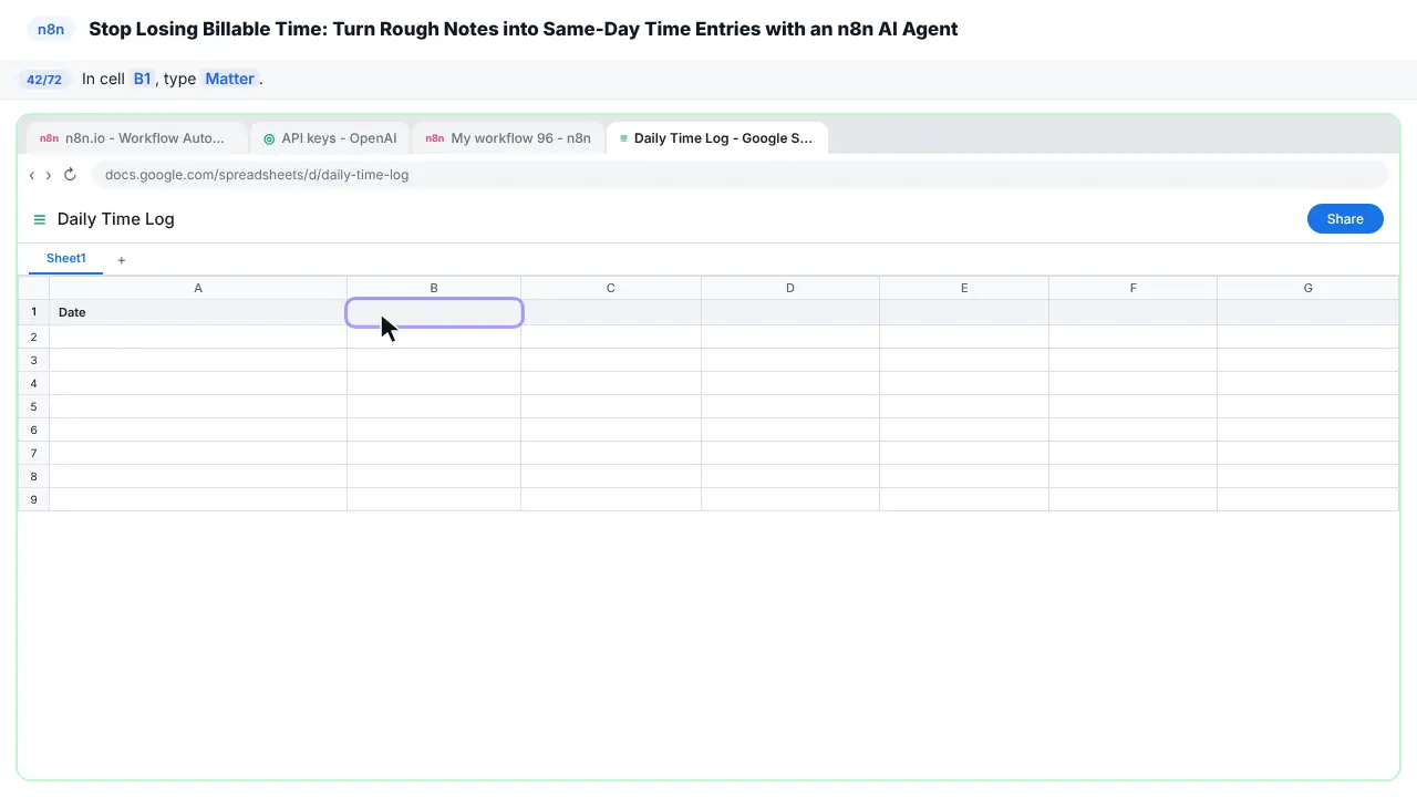 Google Sheets in Stepthrough’s practice copy, step 42 of 72 (Matter): the cursor is on “B1”, highlighted.