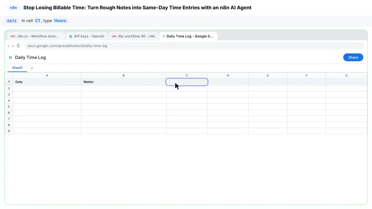 Google Sheets in Stepthrough’s practice copy, step 43 of 72 (Hours): the cursor is on “C1”, highlighted.