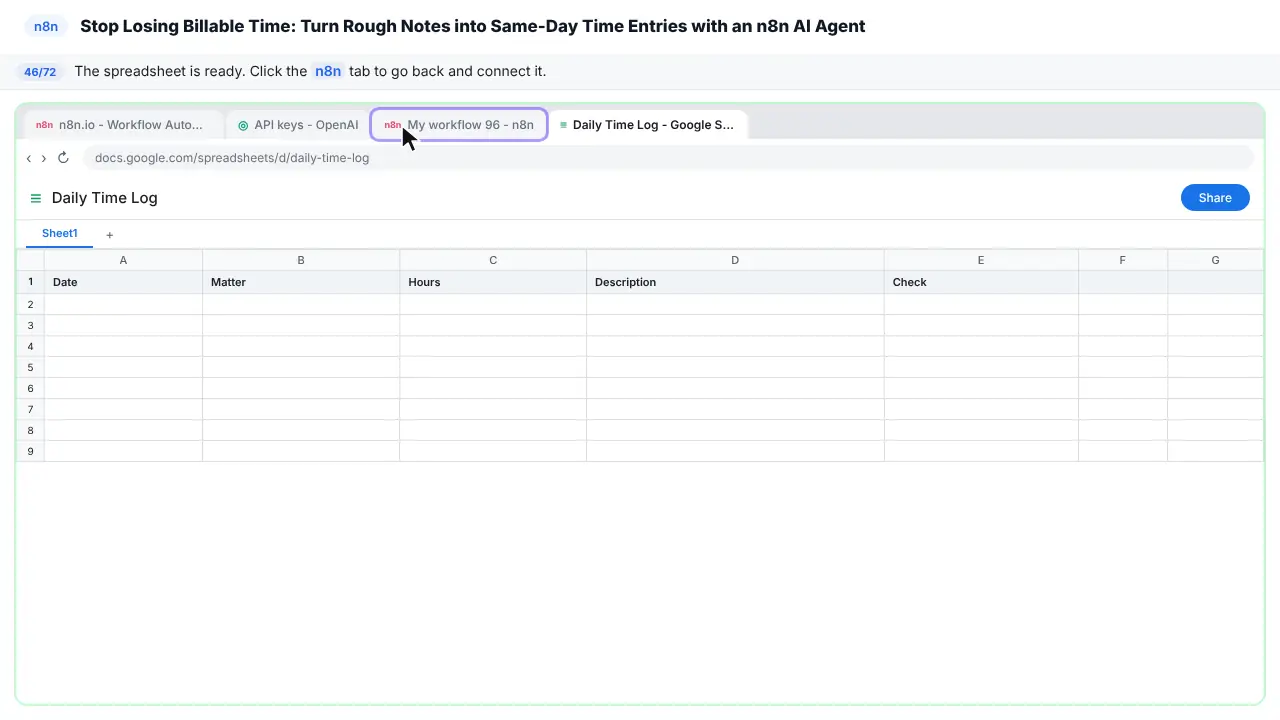 Google Sheets in Stepthrough’s practice copy, step 46 of 72 (Back to n8n): the cursor is on “n8n”, highlighted.