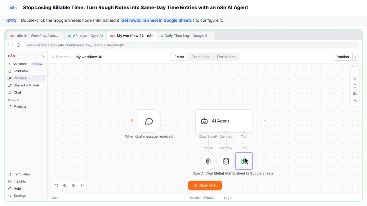 The n8n workflow canvas in Stepthrough’s practice copy, step 47 of 72 (Open the Sheets node): the cursor is on “Get row(s) in sheet in Google Sheets”, highlighted.