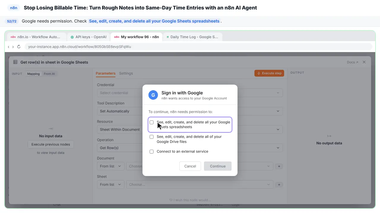 An n8n node’s settings window in Stepthrough’s practice copy, step 52 of 72 (Allow Sheets access): the cursor is on “See, edit, create, and delete all your Google Sheets…”, highlighted.