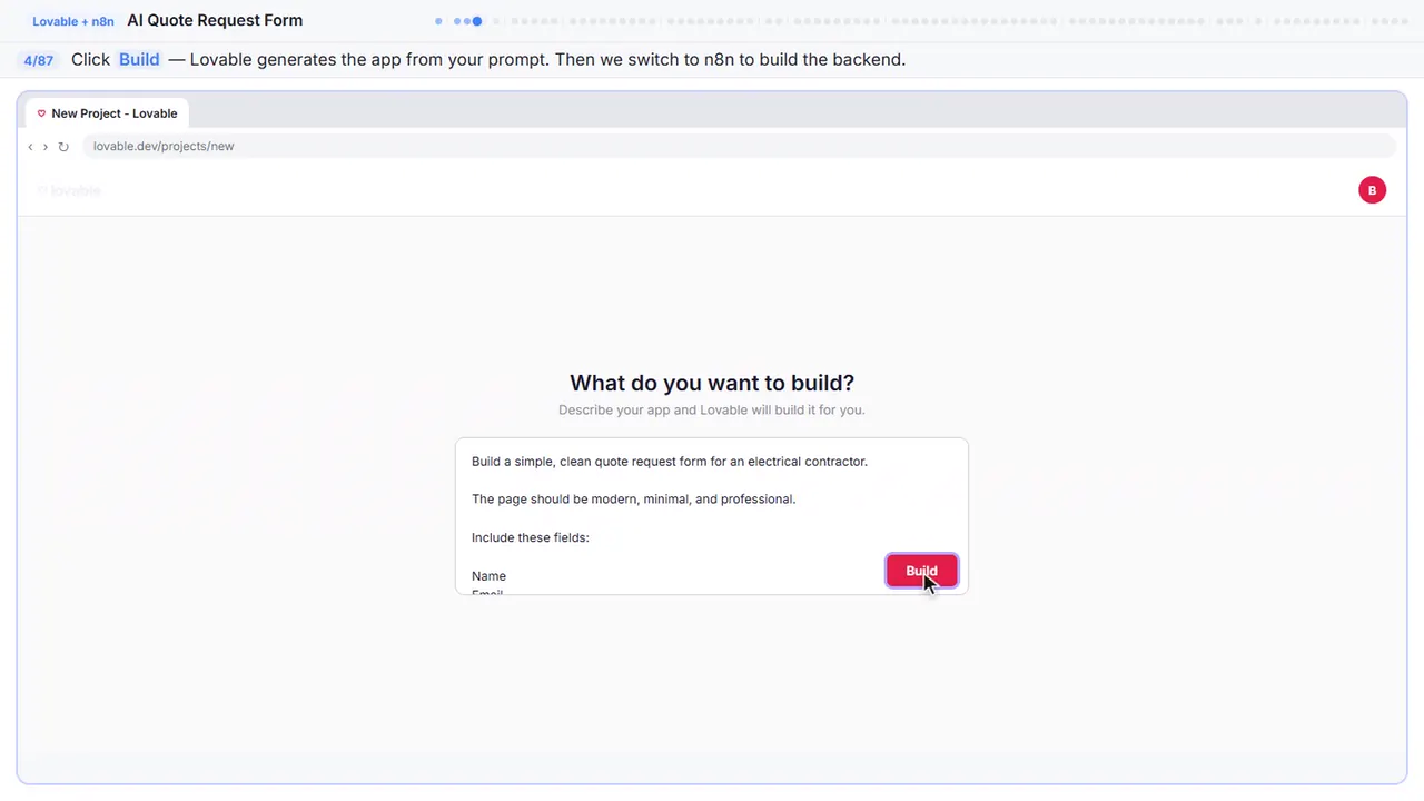 Lovable in Stepthrough’s practice copy, step 4 of 87 (Build the app): the cursor is on “Build”, highlighted.
