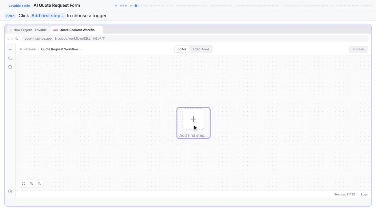 The n8n workflow canvas in Stepthrough’s practice copy, step 6 of 87 (Add the first step): the cursor is on “Add first step…”, highlighted.