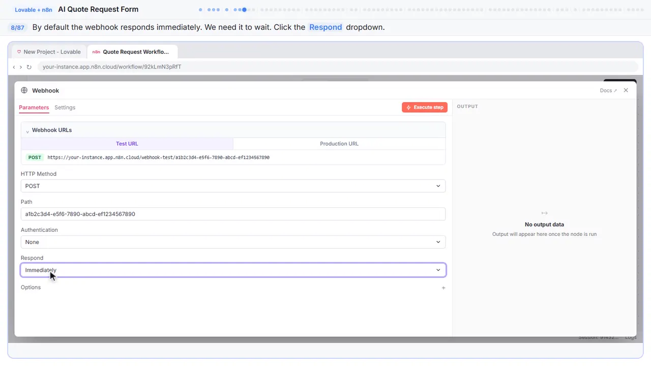 An n8n node’s settings window in Stepthrough’s practice copy, step 8 of 87 (Change the response mode): the cursor is on “Respond”, highlighted.