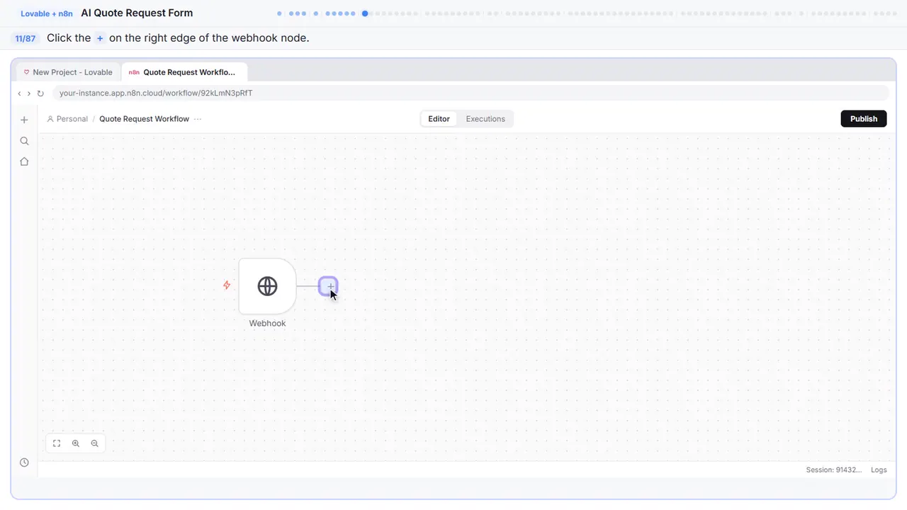 The n8n workflow canvas in Stepthrough’s practice copy, step 11 of 87 (Add the next node): the cursor is on “+”, highlighted.