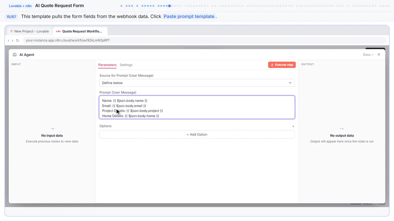 An n8n node’s settings window in Stepthrough’s practice copy, step 15 of 87 (Write the prompt template): the prompt template is filled in (“Name: {{ $json.body.name }} Email: {{…”).