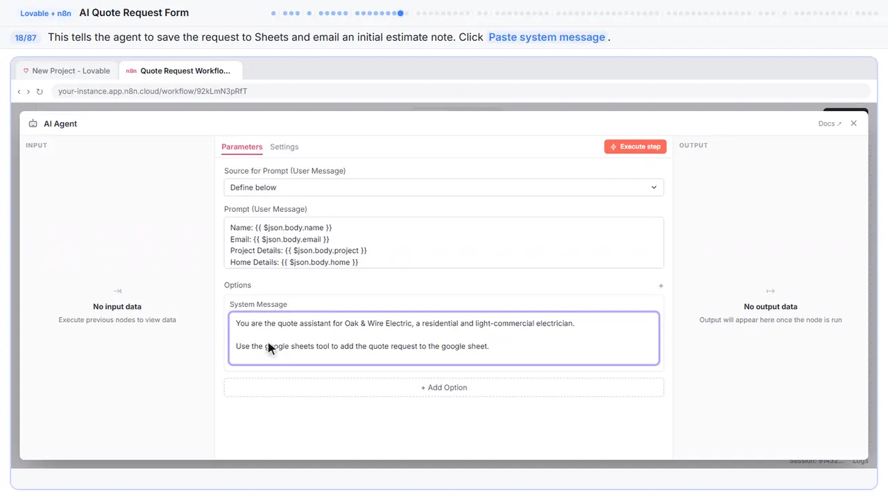 An n8n node’s settings window in Stepthrough’s practice copy, step 18 of 87 (Write the system message): the system message is filled in (“You are the quote assistant for Oak & Wire…”).
