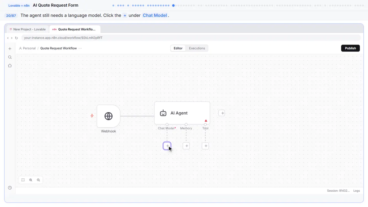 The n8n workflow canvas in Stepthrough’s practice copy, step 20 of 87 (Give the agent a brain): the cursor is on “+”, highlighted.