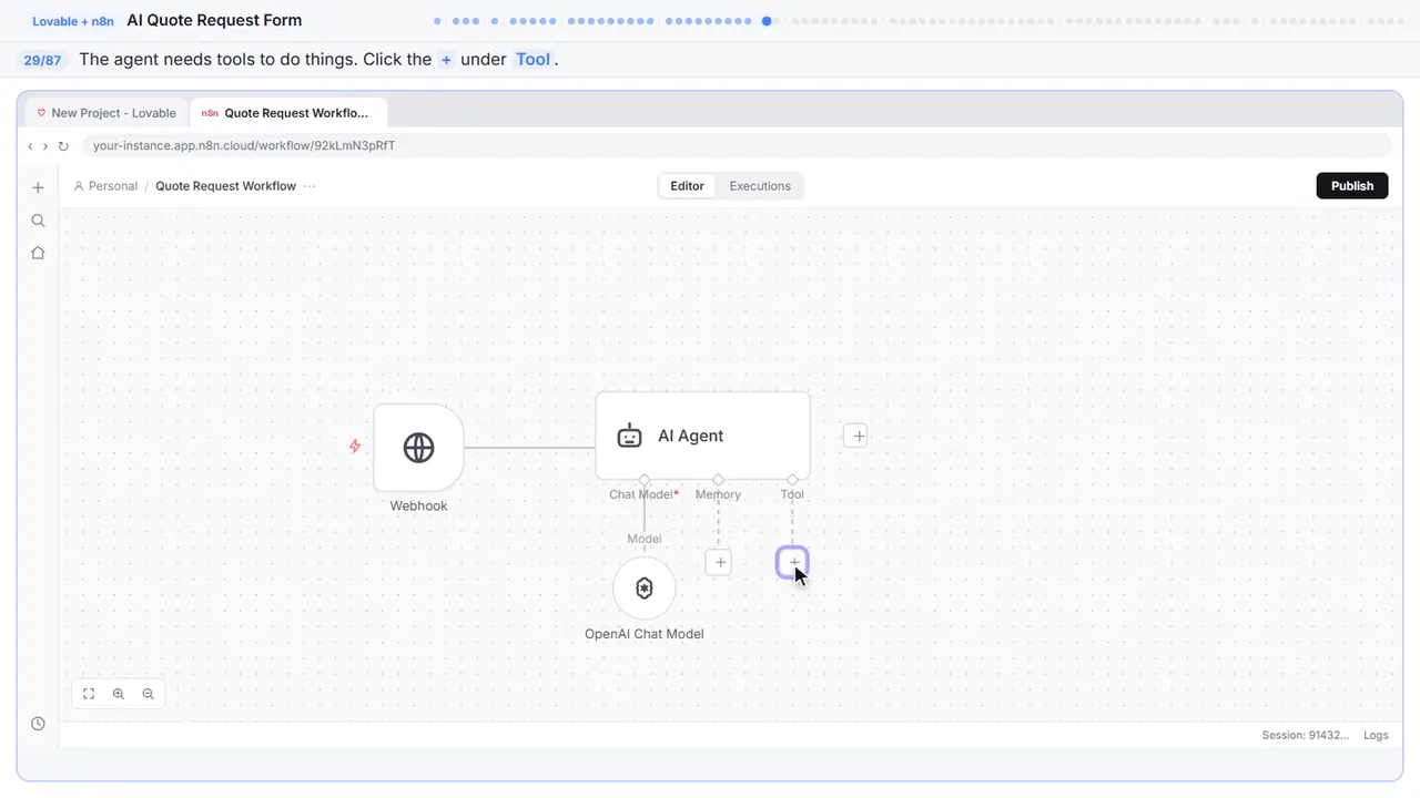 The n8n workflow canvas in Stepthrough’s practice copy, step 29 of 87 (Add a tool): the cursor is on “+”, highlighted.