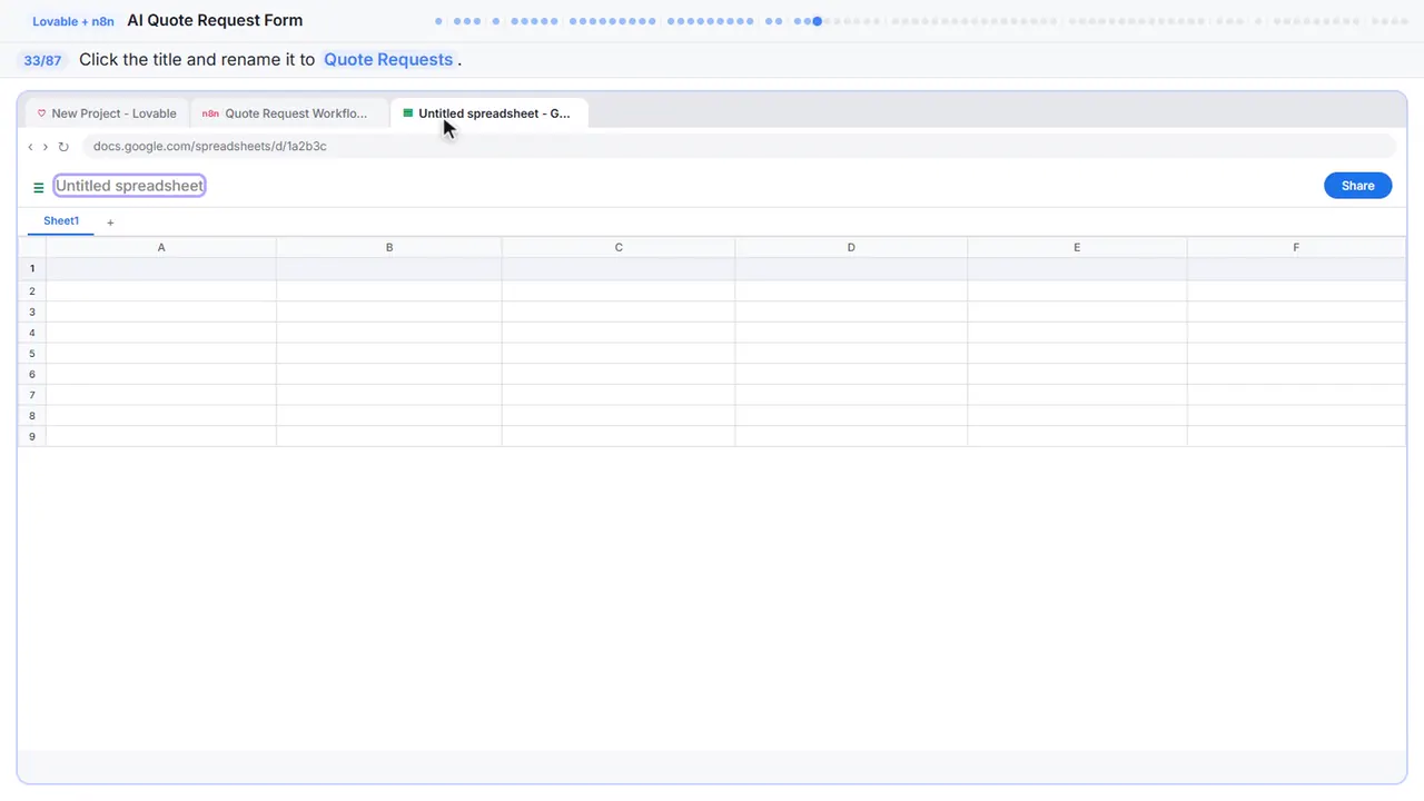 Google Sheets in Stepthrough’s practice copy, step 33 of 87 (Name the spreadsheet): the cursor is on “Quote Requests”, highlighted.