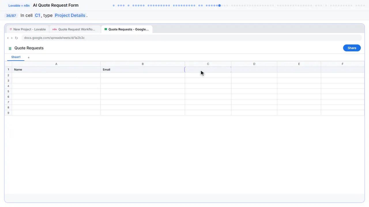 Google Sheets in Stepthrough’s practice copy, step 36 of 87 (Project Details): the cursor is on “C1”, highlighted.