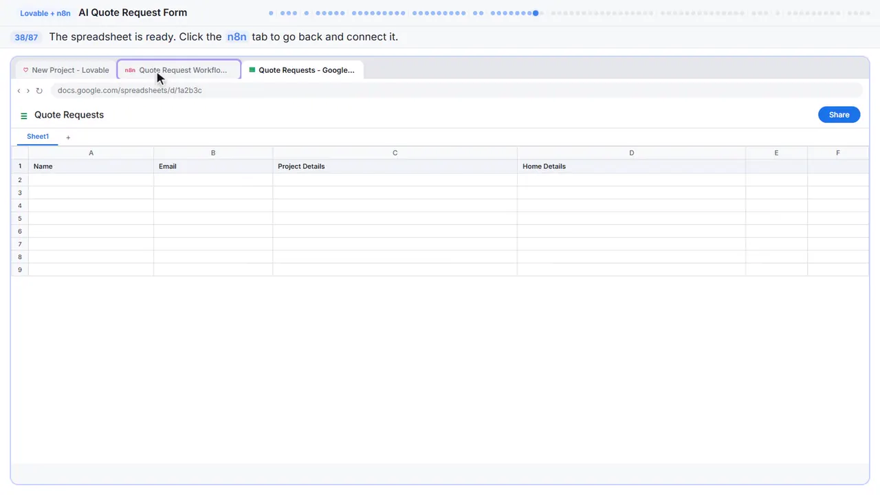Google Sheets in Stepthrough’s practice copy, step 38 of 87 (Back to n8n): the cursor is on “n8n”, highlighted.
