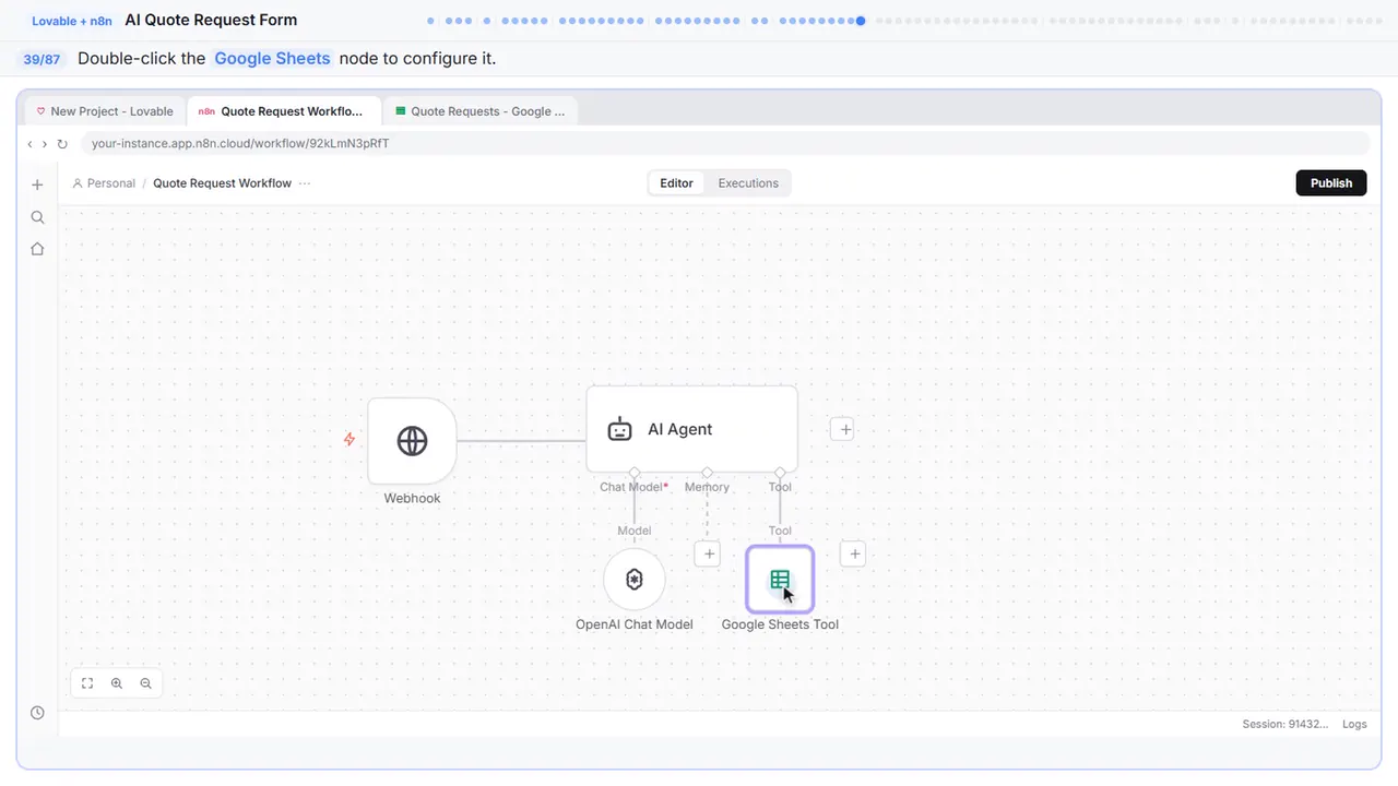 The n8n workflow canvas in Stepthrough’s practice copy, step 39 of 87 (Open the Sheets node): the cursor is on “Google Sheets”, highlighted.