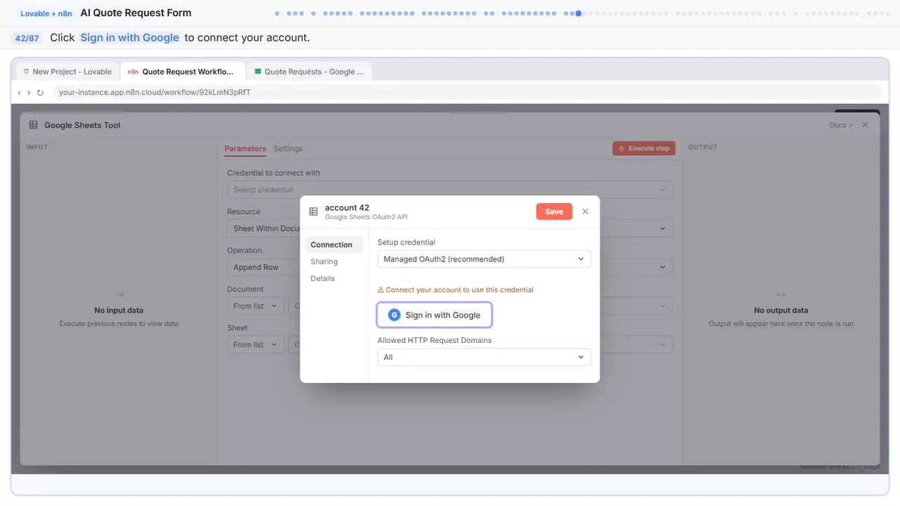 The Google sign-in window in Stepthrough’s practice copy, step 42 of 87 (Sign in with Google): the cursor is on “Sign in with Google”, highlighted.
