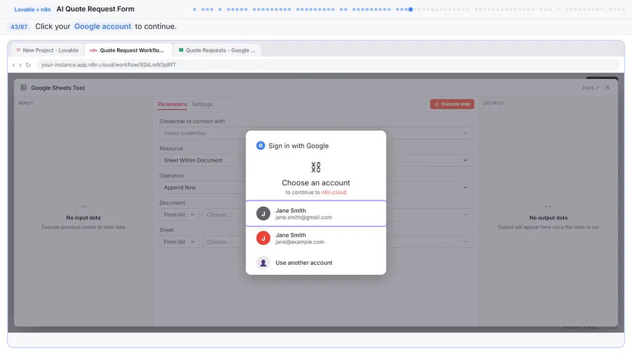 The Google sign-in window in Stepthrough’s practice copy, step 43 of 87 (Choose your account): the cursor is on “Google account”, highlighted.