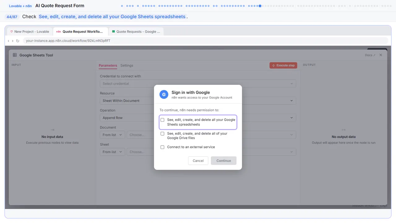 The Google sign-in window in Stepthrough’s practice copy, step 44 of 87 (Allow Sheets access): the cursor is on “See, edit, create, and delete all your Google Sheets…”, highlighted.