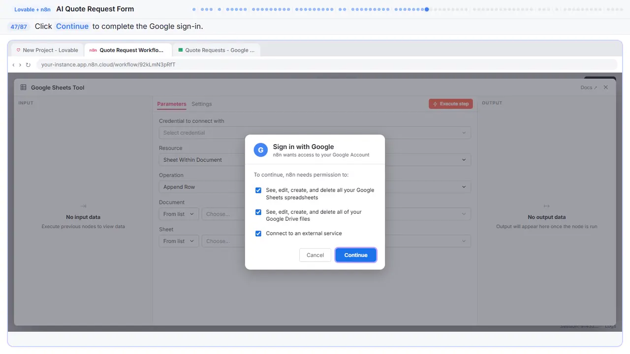 The Google sign-in window in Stepthrough’s practice copy, step 47 of 87 (Sign in): the cursor is on “Continue”, highlighted.