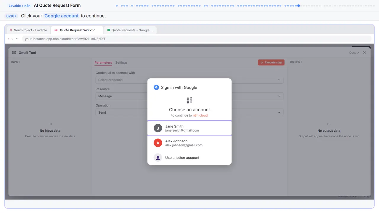 Gmail in Stepthrough’s practice copy, step 62 of 87 (Choose your account): the cursor is on “Google account”, highlighted.