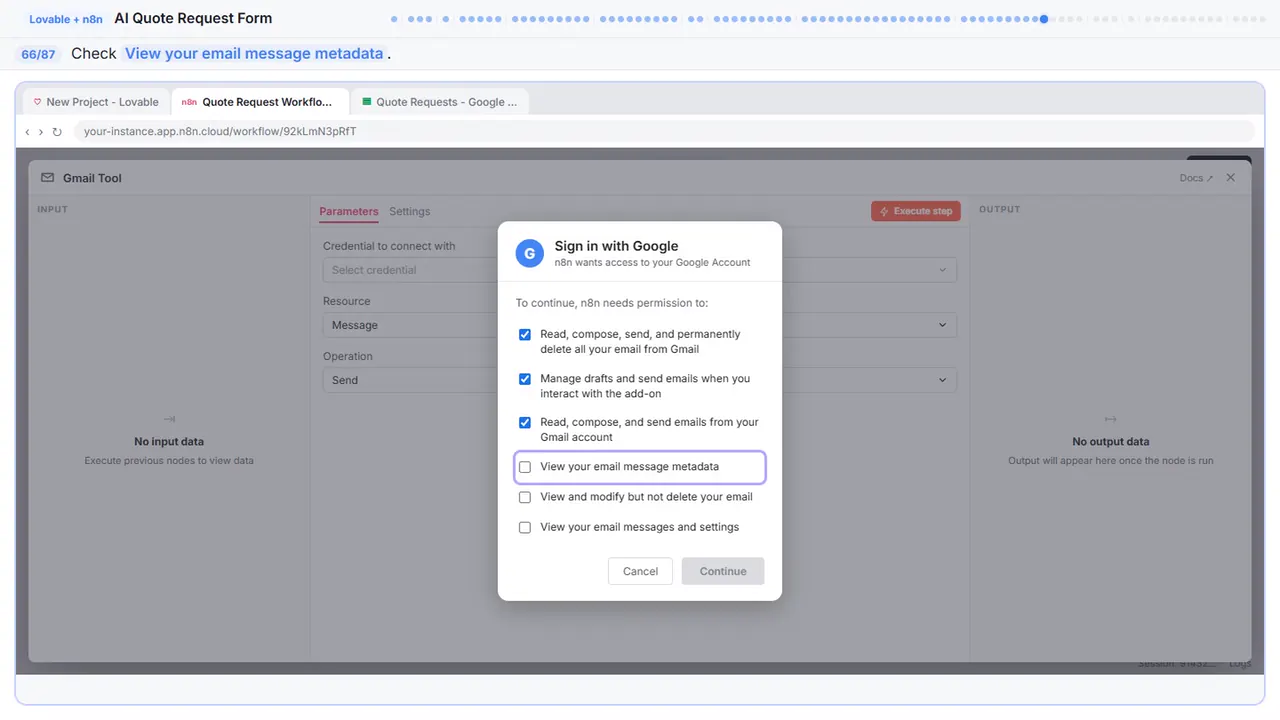 Gmail in Stepthrough’s practice copy, step 66 of 87 (Allow metadata): the cursor is on “View your email message metadata”, highlighted.